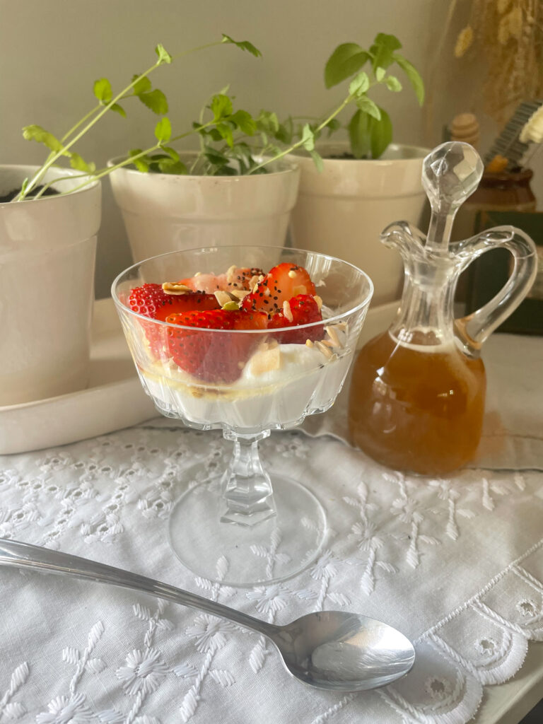 yogurt parfait in glass dish