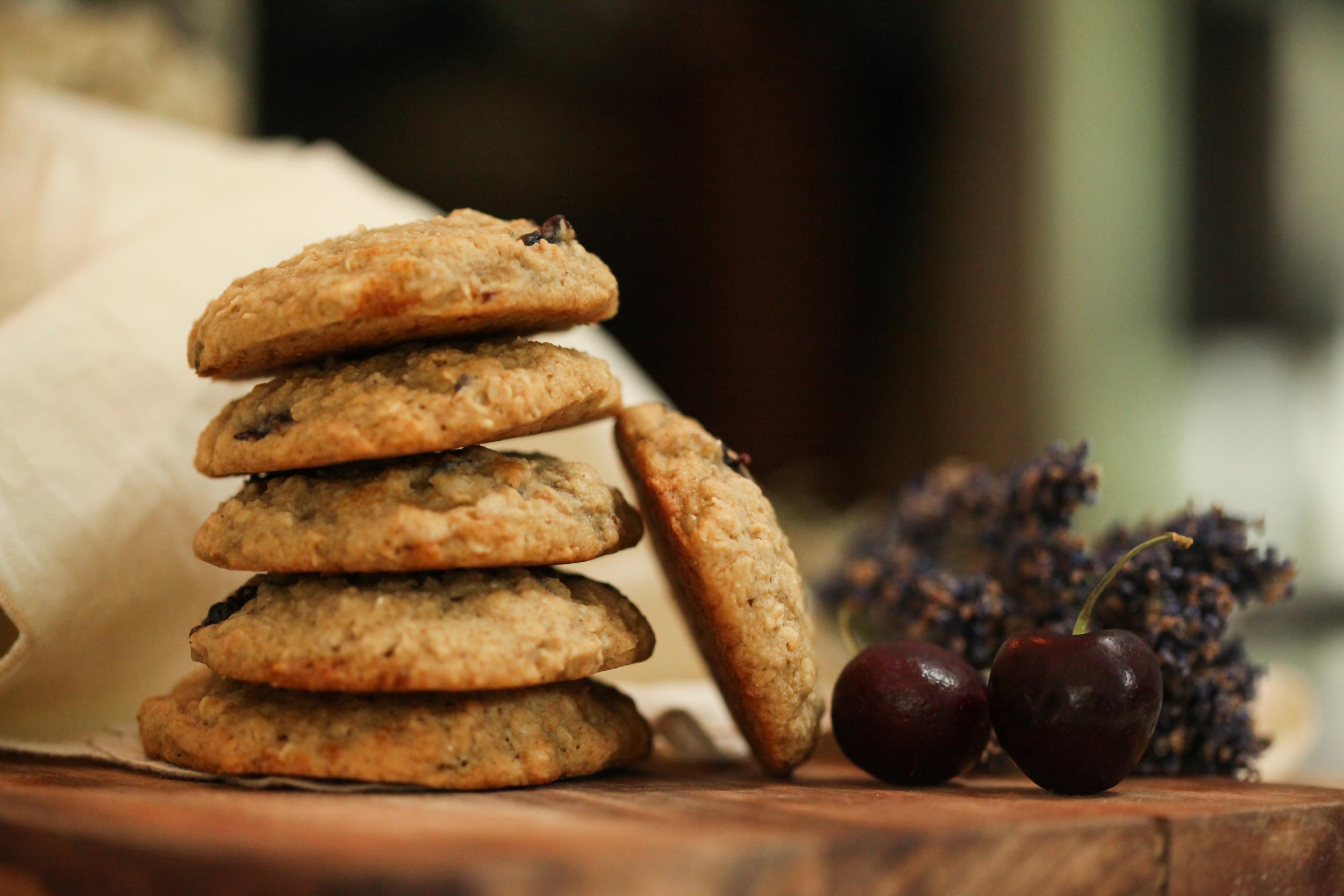 Oatmeal Cookies Stacked next to lavender